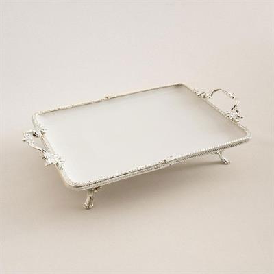 Emayra Dikdörtgen Kulplu Porselen Sunum Tabağı 35x26 cm Gümüş