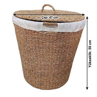 Çamlıca Home Doğal Hasır İçi Bezli Kapaklı Yuvarlak Çamaşır Sepeti 47x50 cm