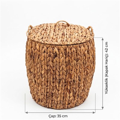 Çamlıca Home Doğal Hasır Kapaklı ve Kulplu Yuvarlak Çamaşır Sepeti 35x42 cm