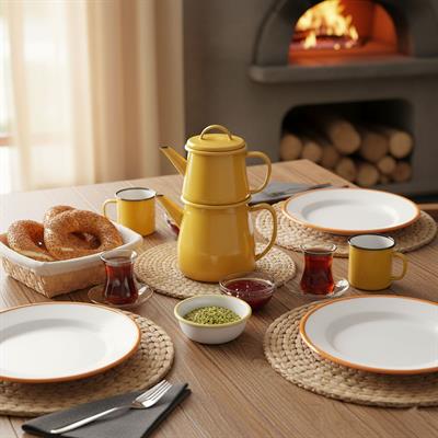 Emayra Emaye Çaydanlık Takımı Altın Sarı