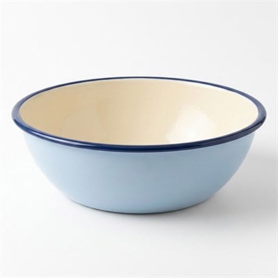 Çamlıca Home toz mavi dış gövdeli krem iç hazneli ve lacivert kordonlu 32 cm emaye hamur yoğurma kasesi ve leğeni