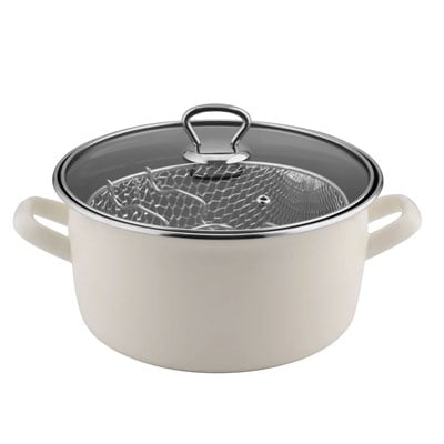Çamlıca Home fildişi krem 22 cm emaye kızartma tenceresi 3,5 lt hacimli telli ve cam kapaklı model