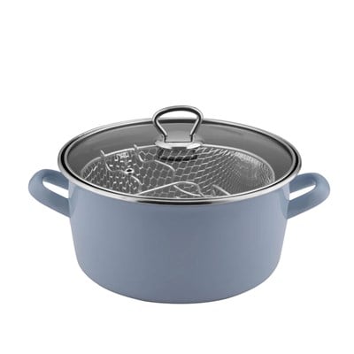 Çamlıca Home düz mavi 22 cm emaye kızartma tenceresi 3,5 litre kapasiteli metal telli cam kapaklı model