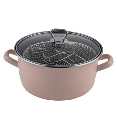 Çamlıca Home pudra pembe 22 cm emaye kızartma tenceresi 3,5 lt kapasiteli cam kapaklı ve telli model