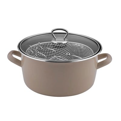 Çamlıca Home toprak rengi 22 cm emaye kızartma tenceresi metal kızartma telli ve cam kapaklı tasarım