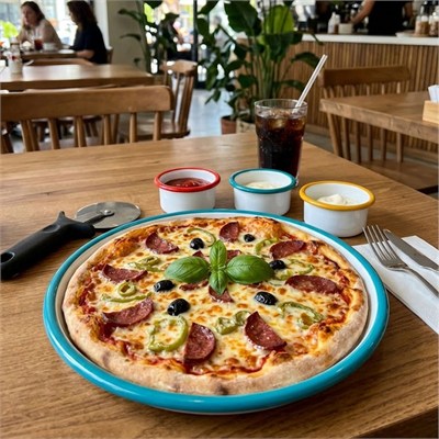 Emaye Pizza Tabağı 22 cm Beyaz Kordon Turkuaz