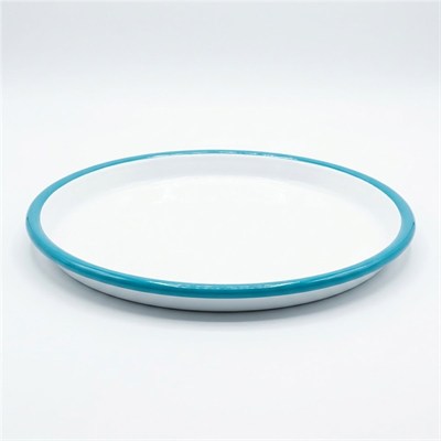 Emaye Pizza Tabağı 22 cm Beyaz Kordon Turkuaz