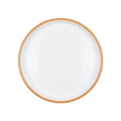 Çamlıca Home altın sarı kordon biyeli beyaz emaye 28 cm geniş yuvarlak pizza börek sunum tepsisi