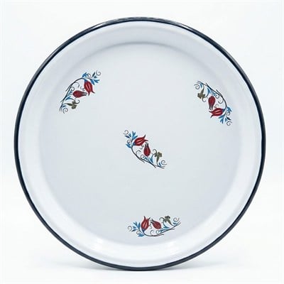 Çamlıca Home siyah çerçeve biyeli beyaz zemin üzeri kırmızı mavi klasik lale motifli 57 cm geniş emaye sini ve servis tepsisi