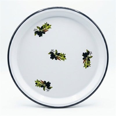 Çamlıca Home siyah çerçeveli beyaz zemin üzeri yeşil yapraklı siyah zeytin dalı desenli 57 cm geniş emaye sini ve servis tepsisi