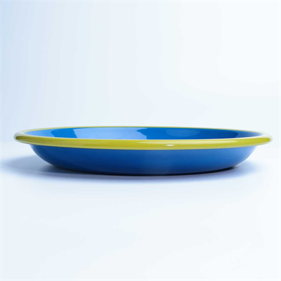 Emayra 26 cm kobalt mavi gövde ve fıstık yeşili kordon detaylı dayanıklı emaye servis tabağı - Çamlıca Home