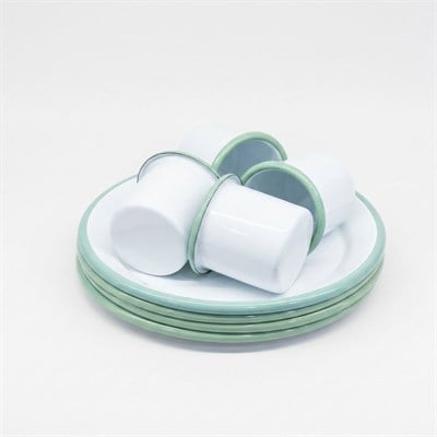 Emayra mint yeşili şeritli 4 kişilik emaye kamp ve karavan servis seti