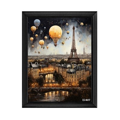 Gece Paris Eyfel Kulesi ve Sıcak Hava Balonları Tablosu