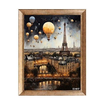 Gece Paris Eyfel Kulesi ve Sıcak Hava Balonları Tablosu