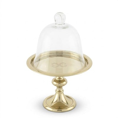 Çamlıca Home parlak altın sarısı gold metal ayaklı şeffaf kubbe cam kapaklı pasta standı ve fanuslu kurabiyelik ikramlık beyaz zemin ürün çekimi 18x27 cm