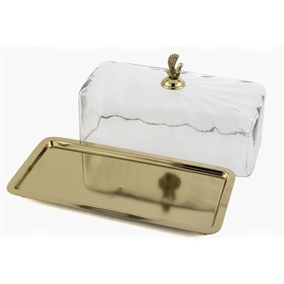 Gold Dikdörtgen Cam Kapaklı Sunumluk 35x17x20 cm - Kuş Figürlü Metal Tepsi