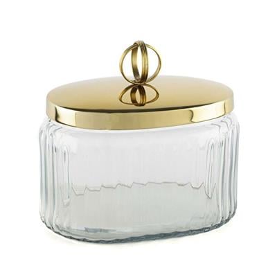Gold Kapaklı Oval Cam Kavanoz 18x14x16cm - Dekoratif Saklama Kutusu