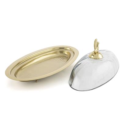 Gold Oval Cam Kapaklı Sunumluk 28x15x14 cm - Kuş Figürlü Metal Servis Tepsisi