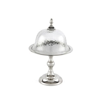 Çamlıca Home gümüş çekiç cam fanuslu ayaklı metal kek standı 20x31 cm