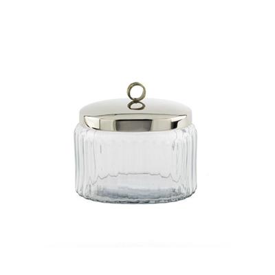 Gümüş Kapaklı Oval Fitilli Cam Kavanoz 16x12x15 cm - Dekoratif Metal Kulplu