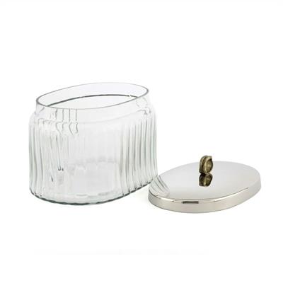 Gümüş Kapaklı Oval Fitilli Cam Kavanoz 19x13x16 cm - Dekoratif Metal Kulplu