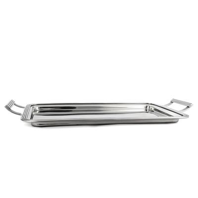 Gümüş Renk Dik Kulplu Metal Tepsi 55x29cm - Büyük Boy Dekoratif Sunum