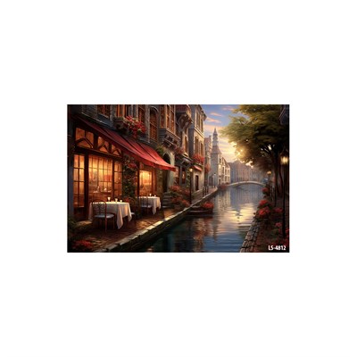 Gün Batımında Kanal Kıyısı Tarihi Kafe ve Şehir Tablosu
