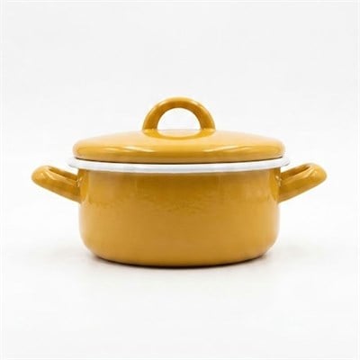 Çamlıca Home - Kapaklı Emaye Derin Tencere Altın Sarı 18 cm Retro Tasarımlı Pişirme Grubu