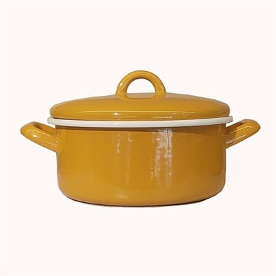 Çamlıca Home - Kapaklı Emaye Derin Tencere Altın Sarı 20 cm Retro Tasarımlı Pişirme Grubu
