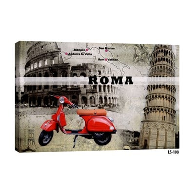 Kırmızı Vespa motor, Roma Kolezyum ve Pisa Kulesi temalı İtalya haritası tablosu ls-108