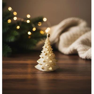 Küçük Dikey Çam Ağacı Mum 8 cm | Beyaz Gold Yaldızlı Dekoratif | Çamlıca Home
