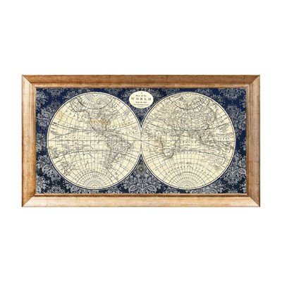Lacivert Damask Desenli Antik Dünya Haritası Dokulu Tablo - GN-2288