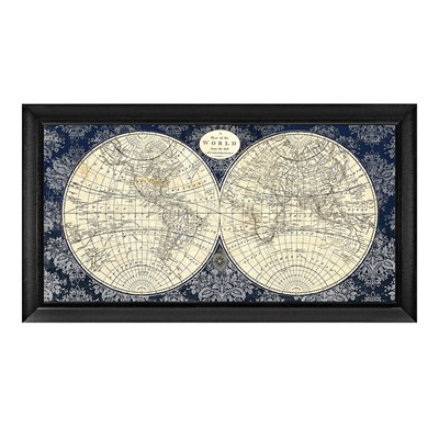 Lacivert Damask Desenli Antik Dünya Haritası Dokulu Tablo - GN-2288