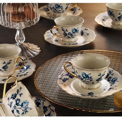 Lena Mavi Beyaz Porselen Çay Fincan Takımı 6 Kişilik 12 Parça Altın Detaylı