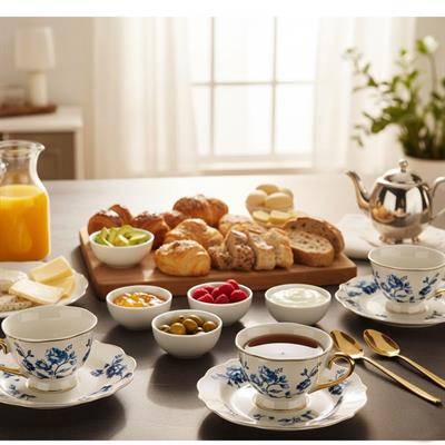 Lena Mavi Beyaz Porselen Çay Fincan Takımı 6 Kişilik 12 Parça Altın Detaylı