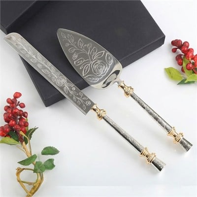 Çamlıca Home Leydi desenli çelik gövdeli metal saplı gümüş 2li pasta servis takımı