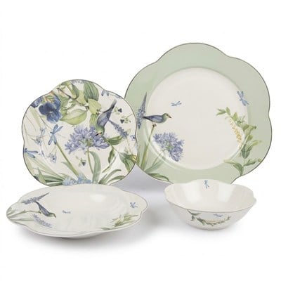Çamlıca Home Libellule serisi adaçayı yeşili yusufçuk kuş ve çiçek desenli dalgalı kenar formlu porselen servis çukur pasta tabağı ve çorba kasesi 24 parça yemek takımı seti beyaz zemin ürün çekimi