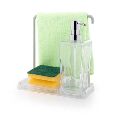 Luna Şeffaf Mutfak Sıvı Sabunluk ve Süngerlik Seti