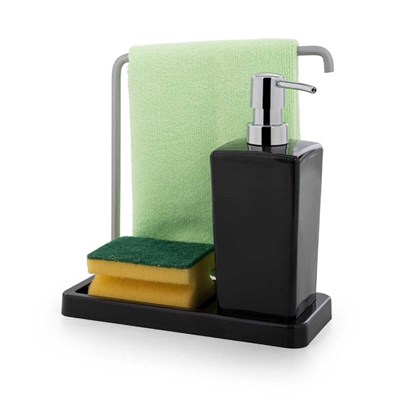 Luna Siyah Mutfak Sıvı Sabunluk ve Süngerlik Seti