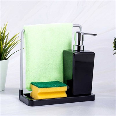 Luna Siyah Mutfak Sıvı Sabunluk ve Süngerlik Seti