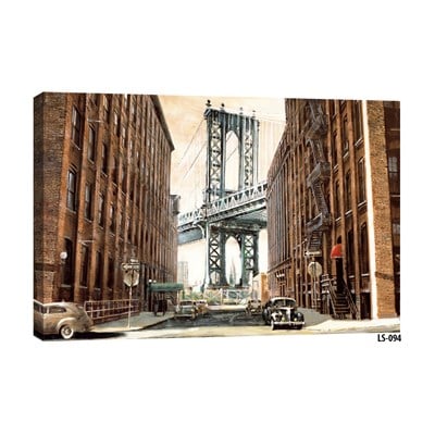 Manhattan köprüsü ve klasik arabalar nostaljik New York sokak tablosu ls-094