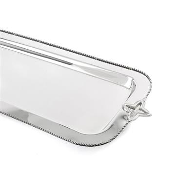 Mary 61x21 cm Büyük Boy Gümüş Metal Dik Tepsi - Burgu Kenarlı Servis Tepsisi