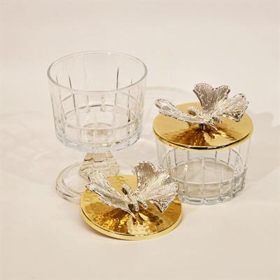 Metal Kapaklı Cam Kase Çerezlik Set Gümüş