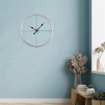 Minimal Gümüş İskandinav Duvar Saati 66.5 cm - Büyük Boy Metal Dekoratif Salon Saati