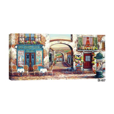Nostaljik Paris Sokak Kafe ve Bisiklet Manzaralı Tablo
