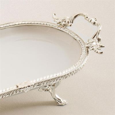 Oval Kulplu Porselen Sunum Tabağı 25 x 15 cm Gümüş