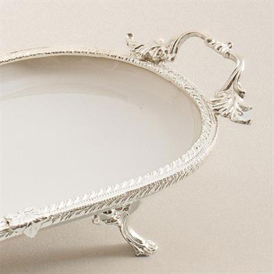Oval Kulplu Porselen Sunum Tabağı 30 x 16 cm Gümüş