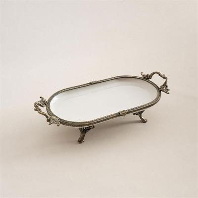 Oval Kulplu Porselen Sunum Tabağı 30 x 16 cm Eskitme