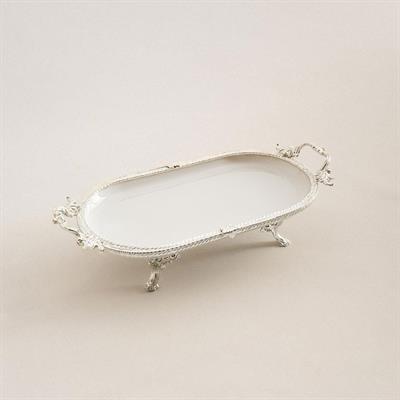Oval Kulplu Porselen Sunum Tabağı 30 x 16 cm Gümüş