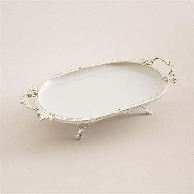 Oval Kulplu Porselen Sunum Tabağı 33 x 21 cm Gümüş